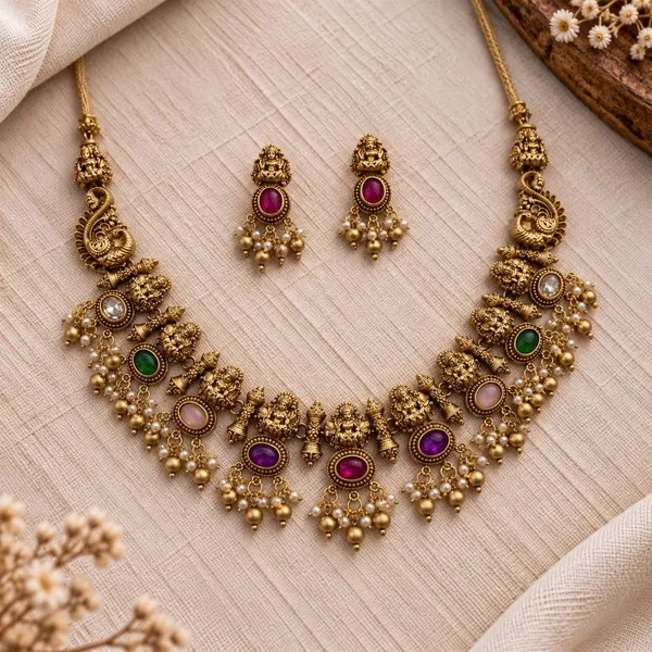 Antique_Gold_Multicolor_Stone_Temple_Necklace_Set