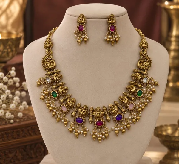 Antique_Gold_Multicolor_Stone_Temple_Necklace_Set