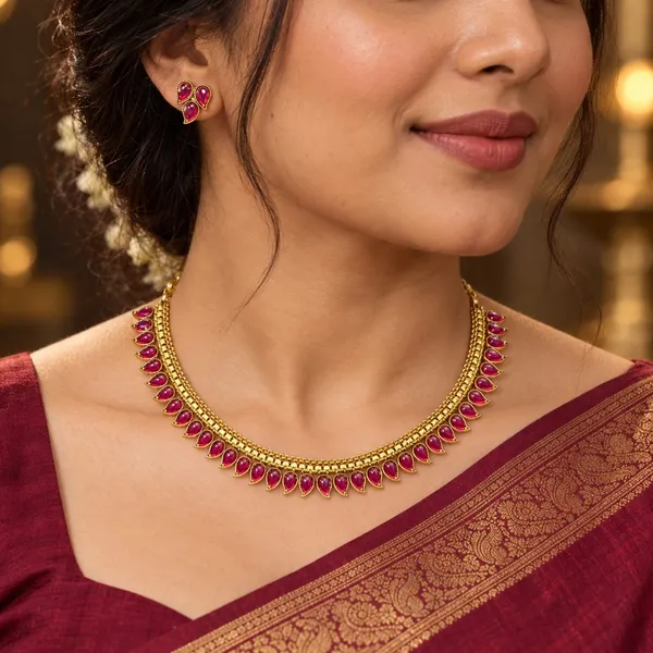 Gold-Tone_Ruby_Pink_Stone_Necklace_Set_with_Earrings