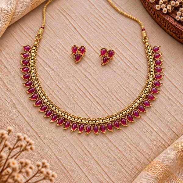 Gold-Tone_Ruby_Pink_Stone_Necklace_Set_with_Earrings