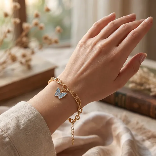 Blue_Butterfly_Charm_Bracelet_for_Women_|_Gold_Plated_Stainless_Steel_Chain_Bracelet