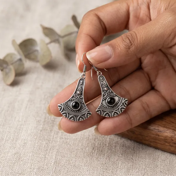 Silver_Black_Onyx_Boho_Dangle_Earrings_for_Women_|_Vintage_Ethnic_Drop_Earrings