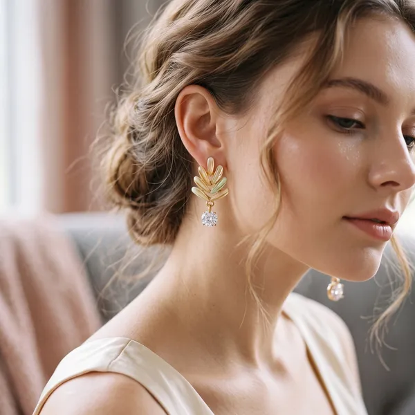 Gold_Leaf_Drop_Earrings_with_Crystal_Charm_for_Women_|_Elegant_Statement_Earrings