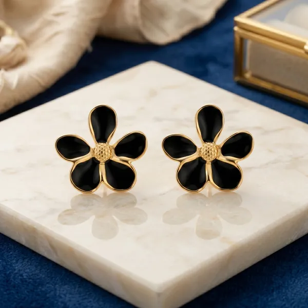Black_Floral_Stud_Earrings_for_Women_|_Gold_Plated_Stainless_Steel_Flower_Earrings