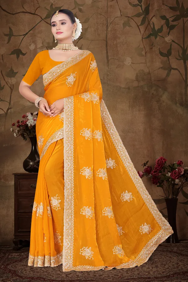 Women's_Haldi_Yellow_Saree_–_Festive_Wear_Silk_Blend_Saree_with_Heavy_Silver_Zari_Embroidery_and_Blouse_Piece