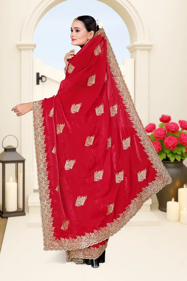 Women's_Emerald_RED_Saree_–_Festive_Wear_Silk_Blend_Saree_with_Heavy_Silver_Zari_Embroidery_and_Blouse_Piece