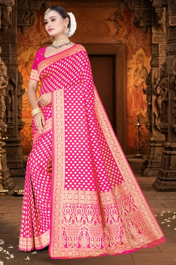 Premium_&_Descriptive:_Royal_Rani_Pink_Silk_Saree_with_Classic_All-Over_Golden_Zari_Buta_Work_and_Festive_Heritage_Pallu