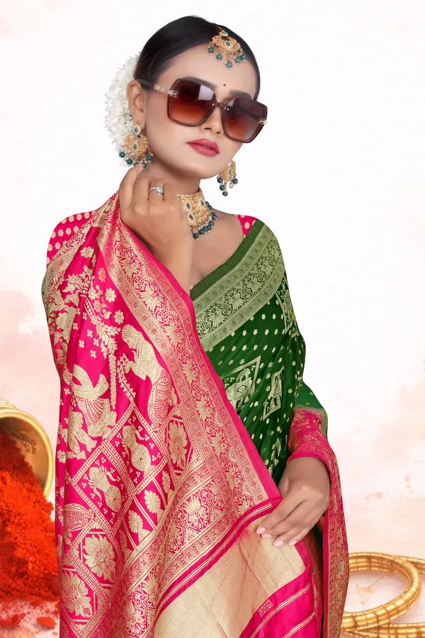 Women's_Banarasi_Art_Silk_Saree_–_Dark_Green_&_Pink_Festive_Wear_Saree_with_Heavy_Golden_Zari_Border_and_Blouse_Piece