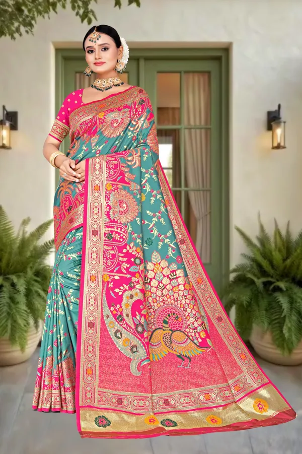 Women's_Banarasi_Art_Silk_Saree_–_Rama_Green_&_Pink_Festive_Wear_Saree_with_Heavy_Zari_Border_and_Blouse_Piece