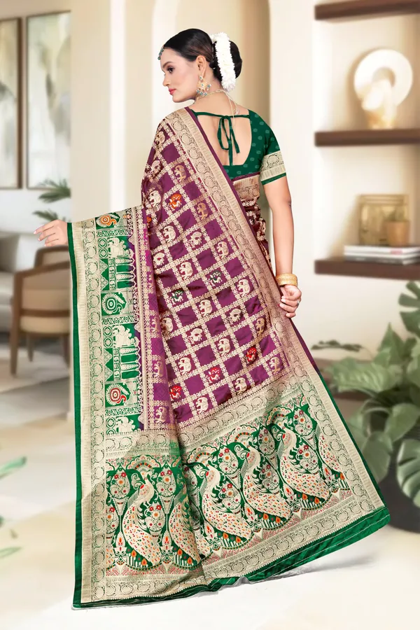 Women's_Banarasi_Art_Silk_Saree_–_Royal_Purple_&_Dark_Green_Festive_Wear_Saree_with_Heavy_Woven_Golden_Zari_Border_and_Blouse_Piece