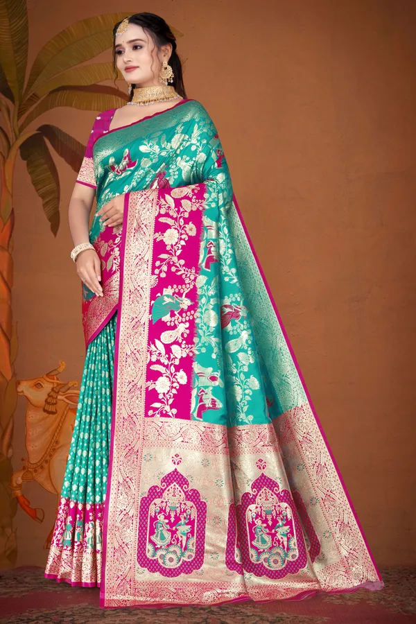Women's_Banarasi_Art_Silk_Saree_–_rama_green_Festive_Wear_Saree_with_Heavy_Woven_Golden_Zari_Border_and_Blouse_Piece