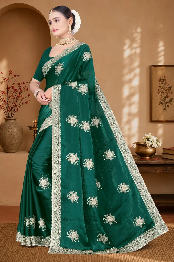 Women's_Emerald_Green_Saree_–_Festive_Wear_Silk_Blend_Saree_with_Heavy_Silver_Zari_Embroidery_and_Blouse_Piece