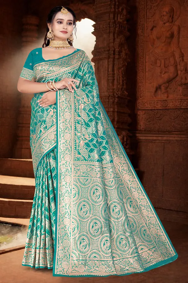 Women's_Banarasi_Art_Silk_Saree_–_firozi_Festive_Wear_Saree_with_Heavy_Woven_Golden_Zari_Pallu_and_Blouse_Piece