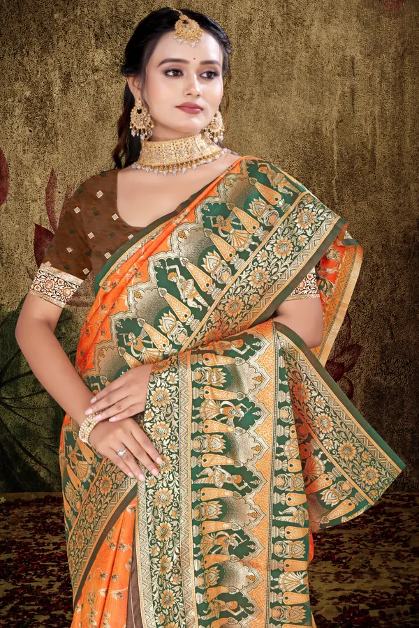 Women's_Banarasi_Art_Silk_Saree_–_Bright_Orange_&_Mehndi_Green_Festive_Wear_Saree_with_Heavy_Woven_Golden_Zari_Border_and_Blouse_Piece
