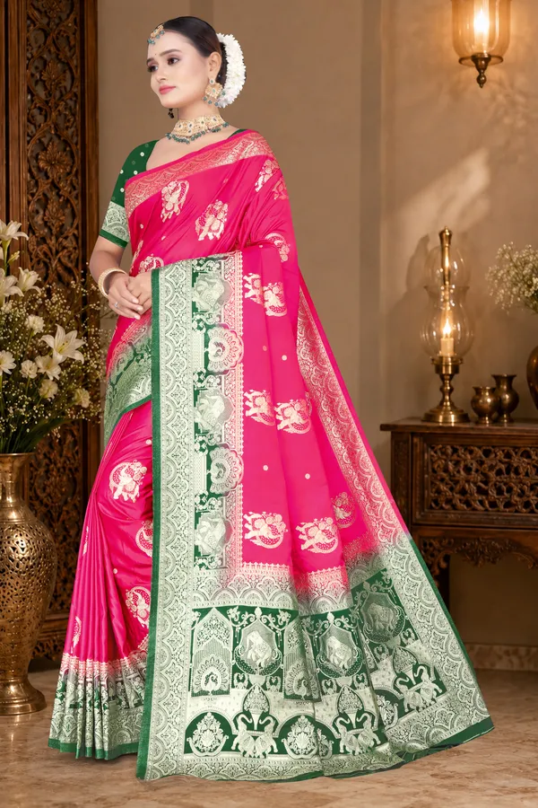 Women's_Banarasi_Art_Silk_Saree_–_Hot_Pink_&_Dark_Green_Festive_Wear_Saree_with_Heavy_Woven_Golden_Zari_Border_and_Blouse_Piece