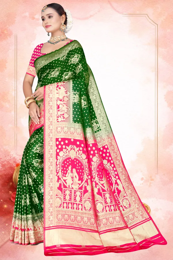 Women's_Banarasi_Art_Silk_Saree_–_Dark_Green_&_Pink_Festive_Wear_Saree_with_Heavy_Golden_Zari_Border_and_Blouse_Piece