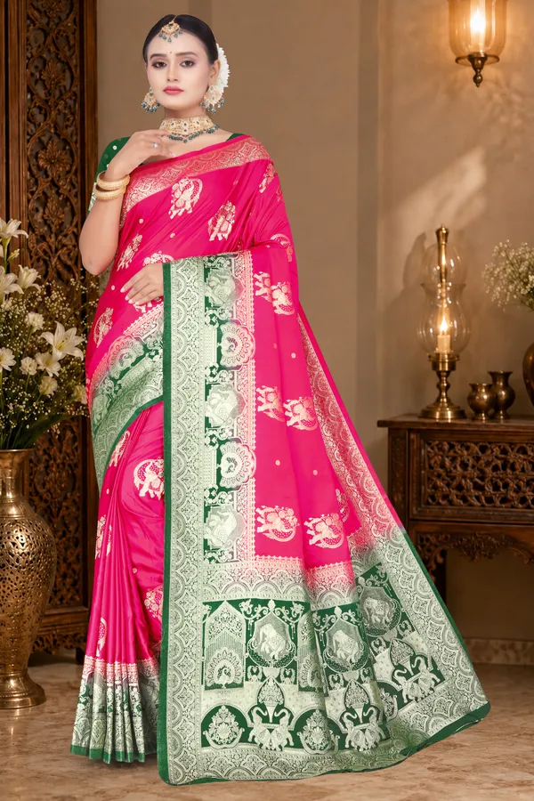 Women's_Banarasi_Art_Silk_Saree_–_Hot_Pink_&_Dark_Green_Festive_Wear_Saree_with_Heavy_Woven_Golden_Zari_Border_and_Blouse_Piece