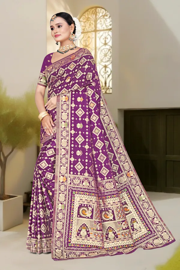 Women's_Banarasi_Art_Silk_Saree_–_Wine_Purple_Festive_Wear_Saree_with_Heavy_Woven_Golden_Zari_Border_and_Blouse_Piece