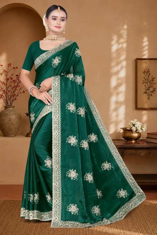 Women's_Emerald_Green_Saree_–_Festive_Wear_Silk_Blend_Saree_with_Heavy_Silver_Zari_Embroidery_and_Blouse_Piece