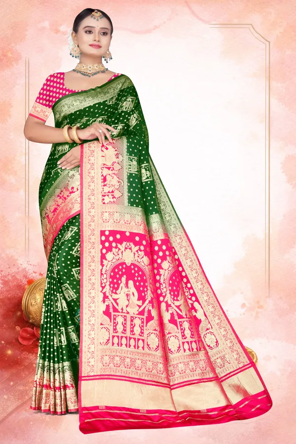 Women's_Banarasi_Art_Silk_Saree_–_Dark_Green_&_Pink_Festive_Wear_Saree_with_Heavy_Golden_Zari_Border_and_Blouse_Piece