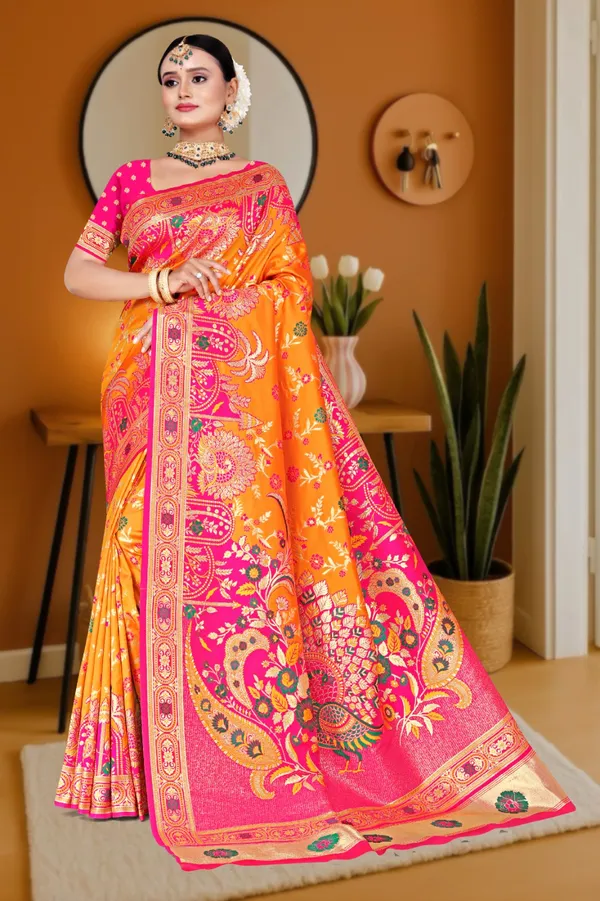 Women's_Banarasi_Art_Silk_Saree_–_ORANGE_PINK_Festive_Wear_Saree_with_Heavy_Zari_Border_and_Blouse_Piece