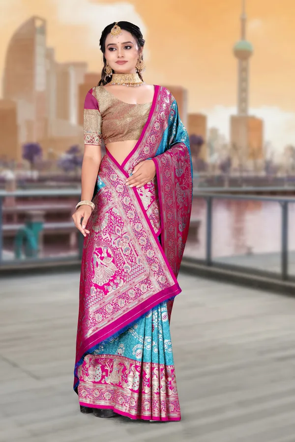 Women's_Banarasi_Art_Silk_Saree_–_Firoza_Teal_&_Hot_Pink_Festive_Wear_Saree_with_Heavy_Woven_Golden_Zari_Border_and_Blouse_Piece