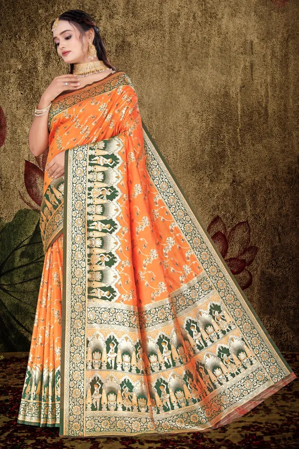 Women's_Banarasi_Art_Silk_Saree_–_Bright_Orange_&_Mehndi_Green_Festive_Wear_Saree_with_Heavy_Woven_Golden_Zari_Border_and_Blouse_Piece