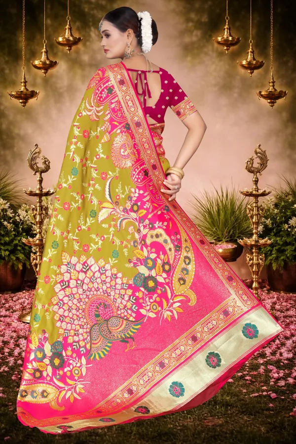 Women's_Banarasi_Silk_Saree_–_Olive_Green_&_Pink_Festive_Wear_Saree_with_Heavy_Zari_Border_and_Blouse_Piece