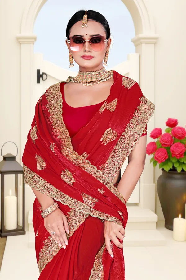 Women's_Emerald_RED_Saree_–_Festive_Wear_Silk_Blend_Saree_with_Heavy_Silver_Zari_Embroidery_and_Blouse_Piece