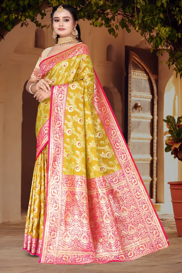 Women's_Banarasi_Art_Silk_Saree_–_musterd_&_Hot_Pink_Festive_Wear_Saree_with_Heavy_Woven_Zari_Border_and_Blouse_Piece