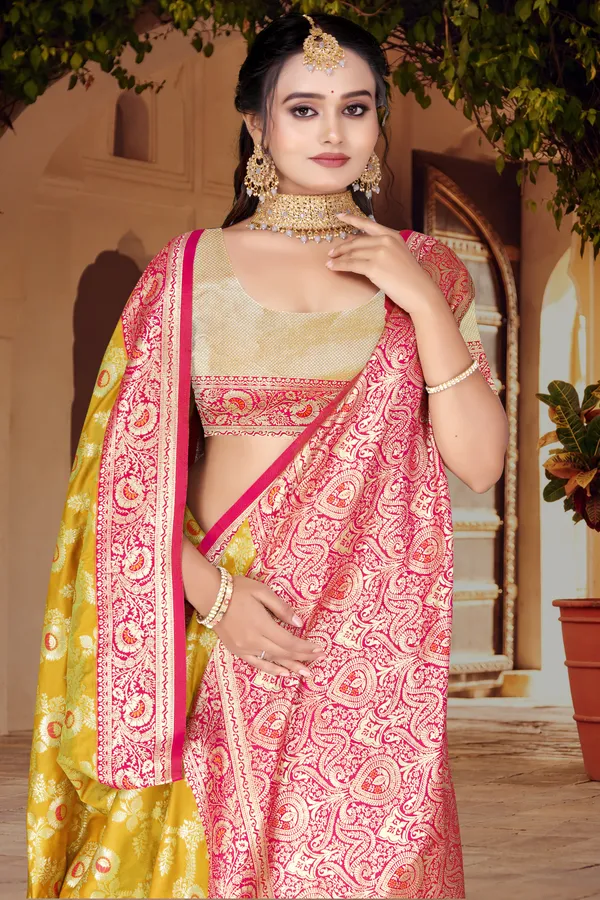 Women's_Banarasi_Art_Silk_Saree_–_musterd_&_Hot_Pink_Festive_Wear_Saree_with_Heavy_Woven_Zari_Border_and_Blouse_Piece