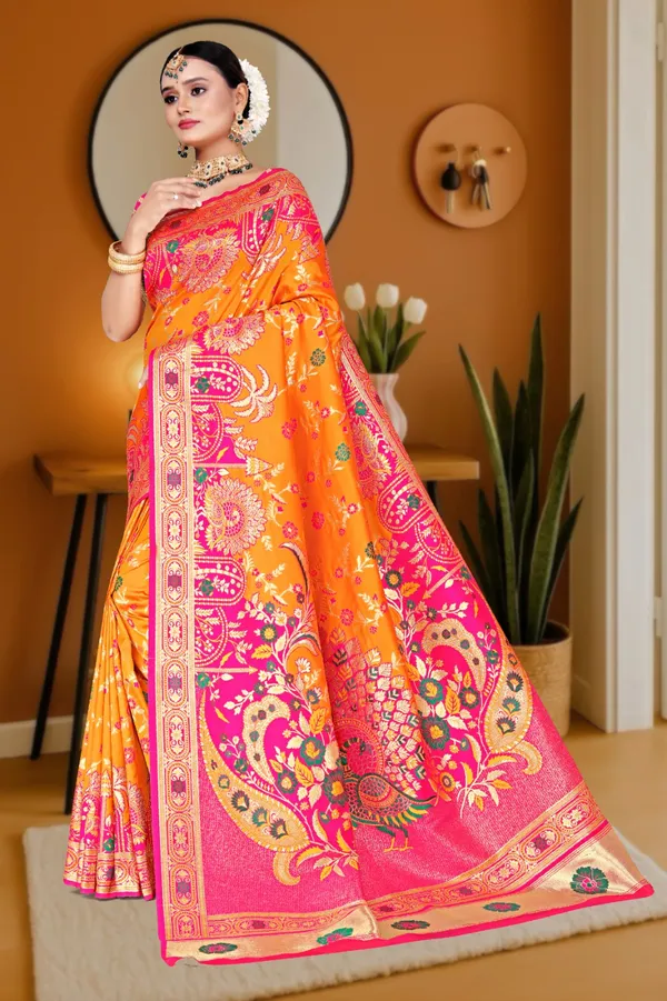 Women's_Banarasi_Art_Silk_Saree_–_ORANGE_PINK_Festive_Wear_Saree_with_Heavy_Zari_Border_and_Blouse_Piece
