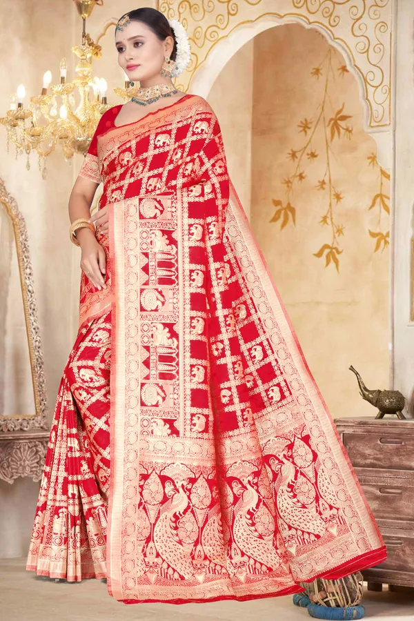 Women's_Banarasi_Art_Silk_Saree_–_Crimson_Red_Wedding_&_Festive_Saree_with_Heavy_Woven_Golden_Zari_Border_and_Blouse_Piece