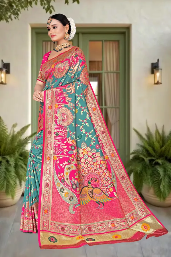 Women's_Banarasi_Art_Silk_Saree_–_Rama_Green_&_Pink_Festive_Wear_Saree_with_Heavy_Zari_Border_and_Blouse_Piece