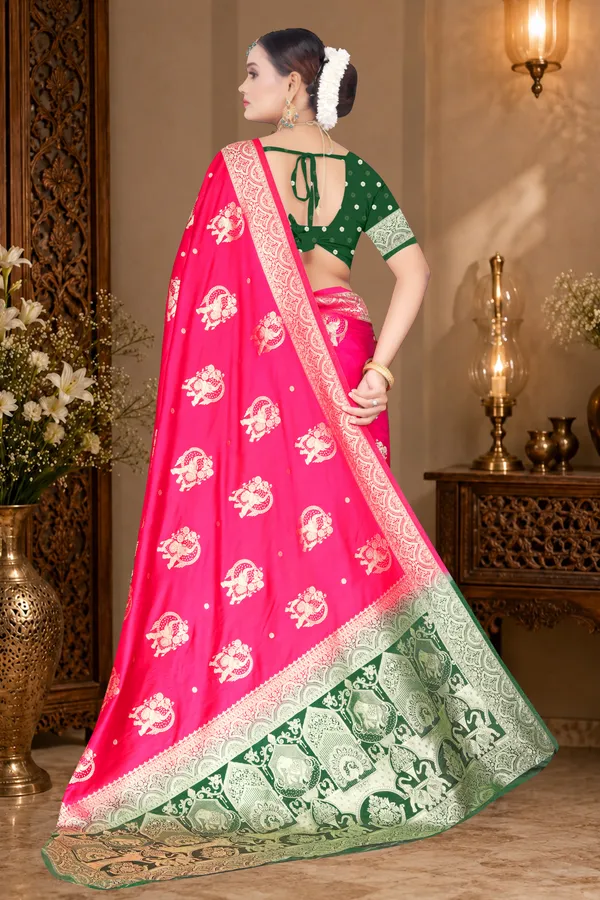 Women's_Banarasi_Art_Silk_Saree_–_Hot_Pink_&_Dark_Green_Festive_Wear_Saree_with_Heavy_Woven_Golden_Zari_Border_and_Blouse_Piece