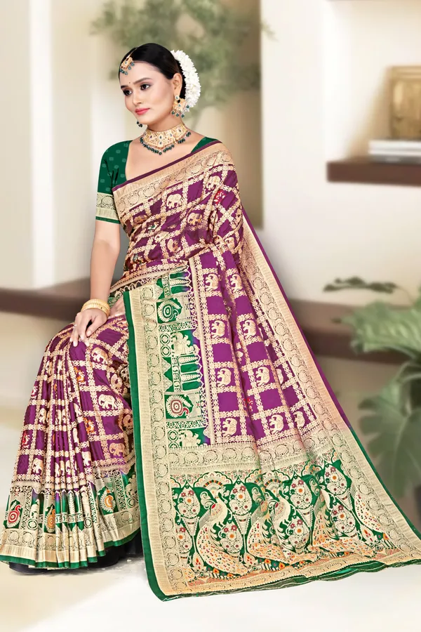 Women's_Banarasi_Art_Silk_Saree_–_Royal_Purple_&_Dark_Green_Festive_Wear_Saree_with_Heavy_Woven_Golden_Zari_Border_and_Blouse_Piece