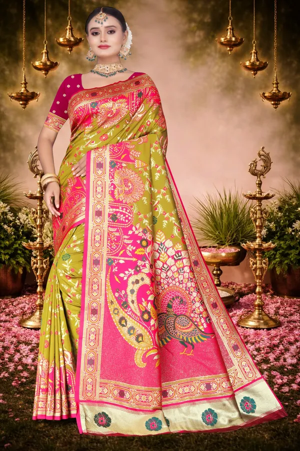 Women's_Banarasi_Silk_Saree_–_Olive_Green_&_Pink_Festive_Wear_Saree_with_Heavy_Zari_Border_and_Blouse_Piece