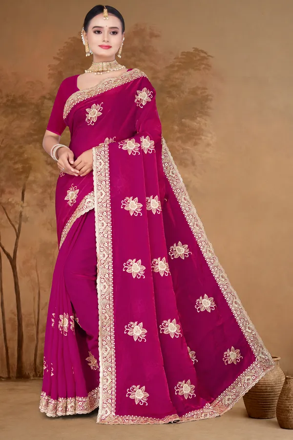 Women's_Emerald_PINK_Saree_–_Festive_Wear_Silk_Blend_Saree_with_Heavy_Silver_Zari_Embroidery_and_Blouse_Piece