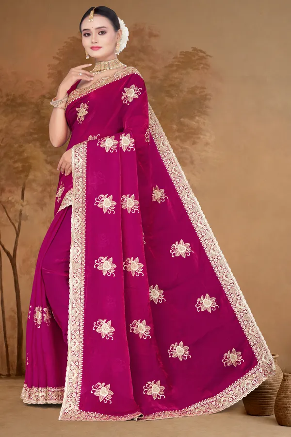 Women's_Emerald_PINK_Saree_–_Festive_Wear_Silk_Blend_Saree_with_Heavy_Silver_Zari_Embroidery_and_Blouse_Piece
