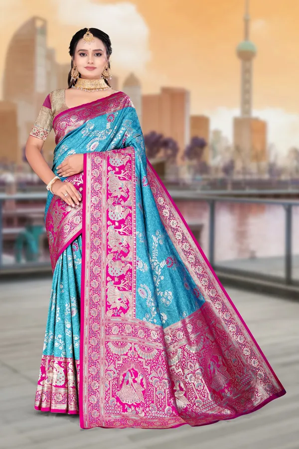 Women's_Banarasi_Art_Silk_Saree_–_Firoza_Teal_&_Hot_Pink_Festive_Wear_Saree_with_Heavy_Woven_Golden_Zari_Border_and_Blouse_Piece