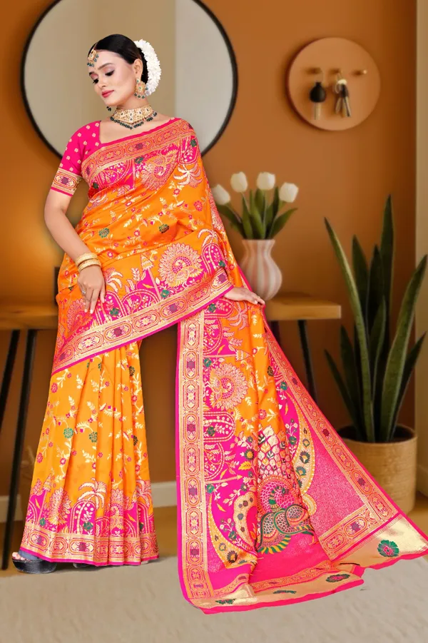 Women's_Banarasi_Art_Silk_Saree_–_ORANGE_PINK_Festive_Wear_Saree_with_Heavy_Zari_Border_and_Blouse_Piece