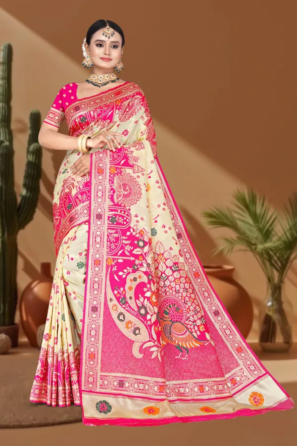 Women's_Banarasi_Art_Silk_Saree_–_Cream_&_Pink_Festive_Wear_Saree_with_Heavy_Zari_Border_and_Blouse_Piece