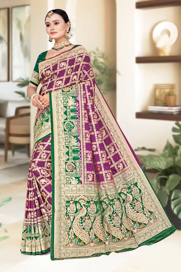 Women's_Banarasi_Art_Silk_Saree_–_Royal_Purple_&_Dark_Green_Festive_Wear_Saree_with_Heavy_Woven_Golden_Zari_Border_and_Blouse_Piece