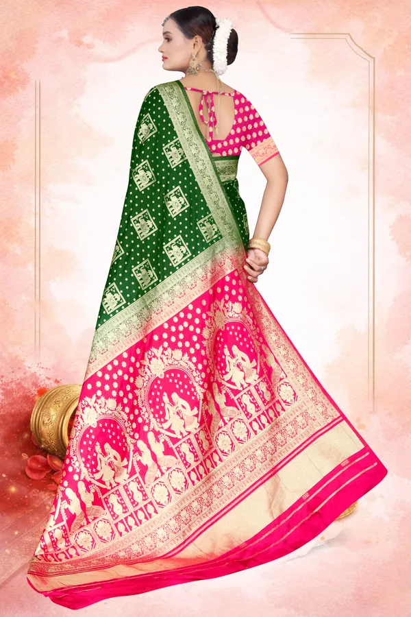 Women's_Banarasi_Art_Silk_Saree_–_Dark_Green_&_Pink_Festive_Wear_Saree_with_Heavy_Golden_Zari_Border_and_Blouse_Piece