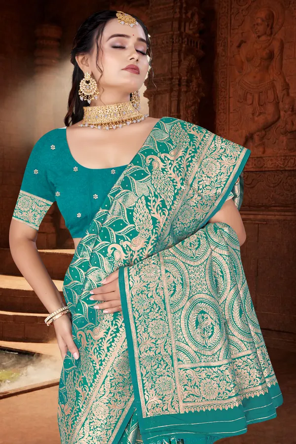 Women's_Banarasi_Art_Silk_Saree_–_firozi_Festive_Wear_Saree_with_Heavy_Woven_Golden_Zari_Pallu_and_Blouse_Piece