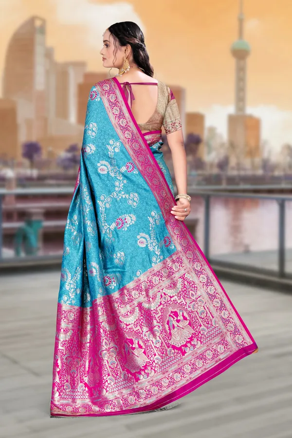Women's_Banarasi_Art_Silk_Saree_–_Firoza_Teal_&_Hot_Pink_Festive_Wear_Saree_with_Heavy_Woven_Golden_Zari_Border_and_Blouse_Piece