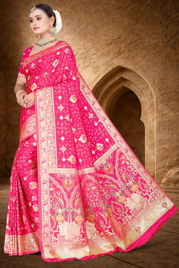 Women's_Banarasi_Silk_Saree_–_Hot_Pink_Festive_Wear_Saree_with_Heavy_Golden_Zari_Border_and_Blouse_Piece