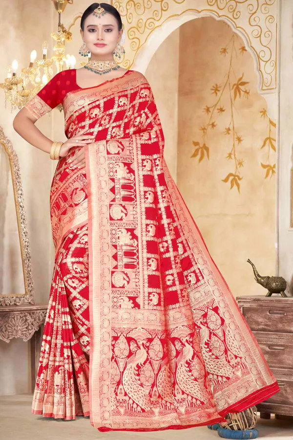 Women's_Banarasi_Art_Silk_Saree_–_Crimson_Red_Wedding_&_Festive_Saree_with_Heavy_Woven_Golden_Zari_Border_and_Blouse_Piece