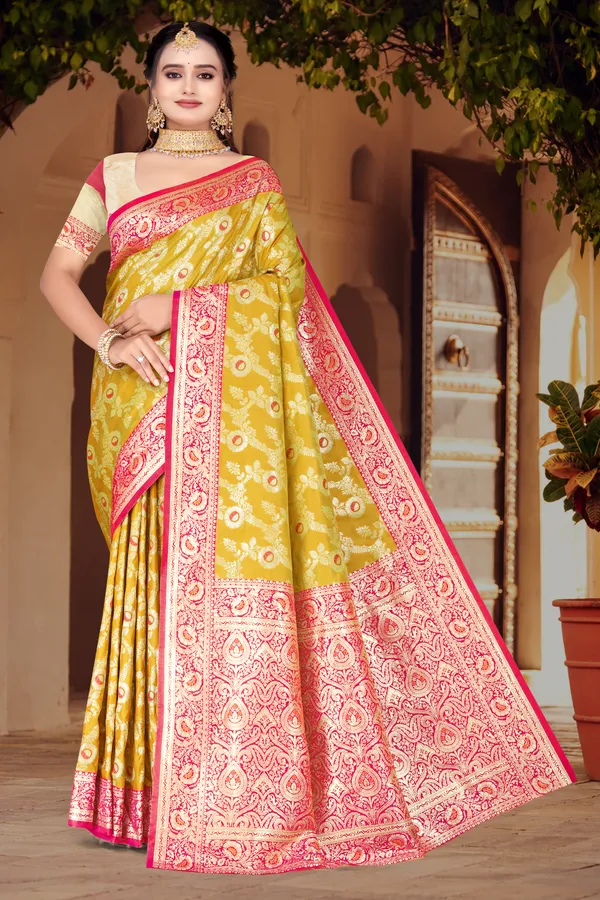 Women's_Banarasi_Art_Silk_Saree_–_musterd_&_Hot_Pink_Festive_Wear_Saree_with_Heavy_Woven_Zari_Border_and_Blouse_Piece