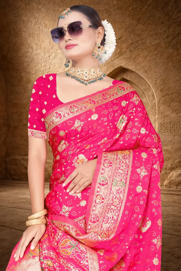 Women's_Banarasi_Silk_Saree_–_Hot_Pink_Festive_Wear_Saree_with_Heavy_Golden_Zari_Border_and_Blouse_Piece